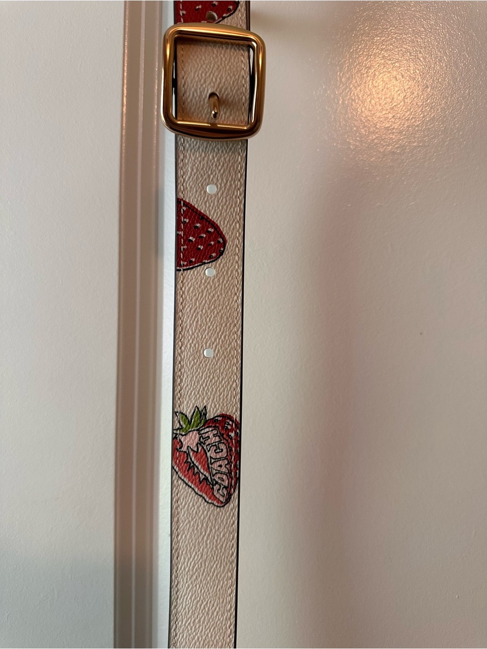 Coach White Leather Strap with Red Strawberry Print and Gold Hardware - Picture 3 of 5